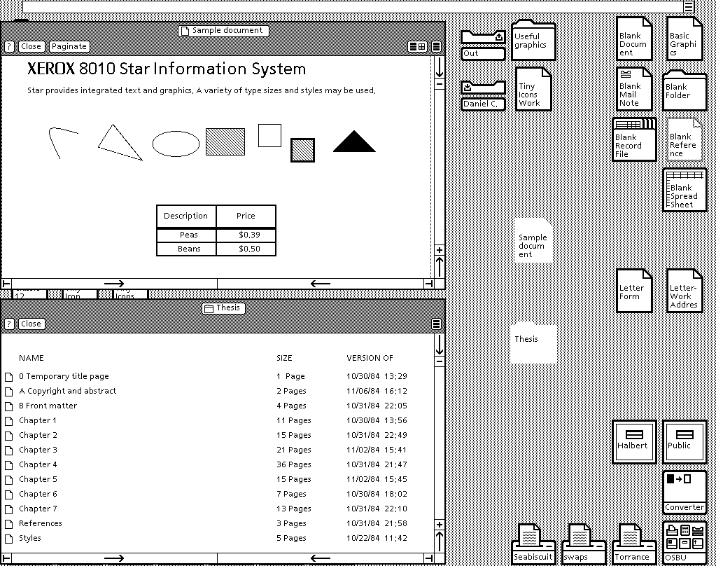Screenshot of ViewPoint, an early GUI for the Xerox Star computer. It shows a classic desktop metaphor with files on a desktop and windows.