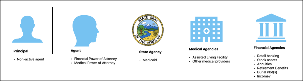 Visual diagram categorizing the agents and agencies involved in the Medicaid Renewal Scenario: Principal, Agent, State, Medical and Financial Agencies.