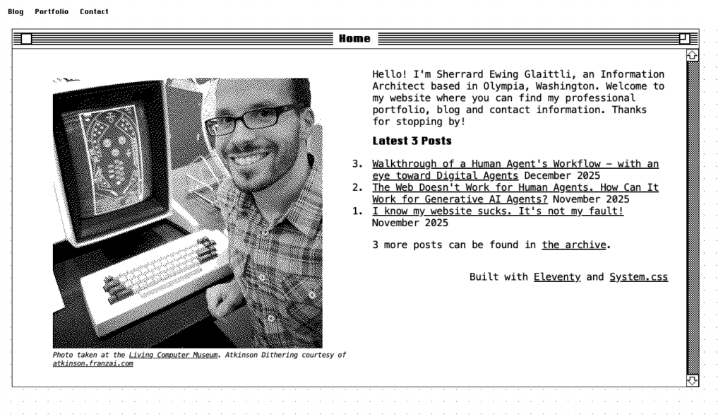 A screenshot of a Sherrard Glaittli's new website. It is designed to look like a classic Mac OS interface. Currently viewable at https://preprod.glaittli.net